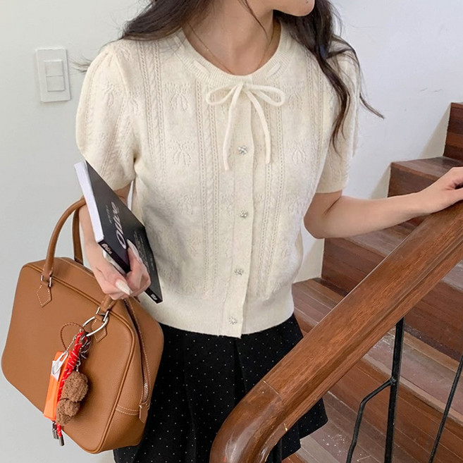 타니즈 이피온 퍼프소매 반팔 리본 펀칭 여성 니트 가디건
