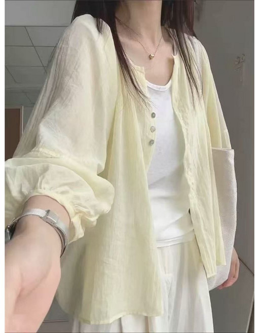 法式天絲亞麻燈籠袖襯衫女薄款外搭罩衫