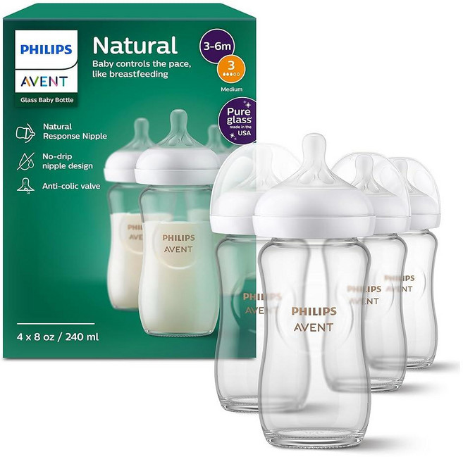 140980 Philips AVENT 자연스러운 반응 젖꼭지가 있는 유리 천연 아기 젖병 226.8g(8온스) 1팩 SCY913/01, 8 Ounce (Pack of 4)