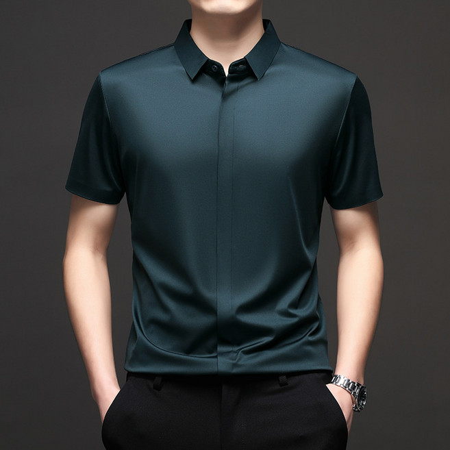男士短袖襯衫男式2026夏季彈力商務休閒純色冰絲襯衫男裝
