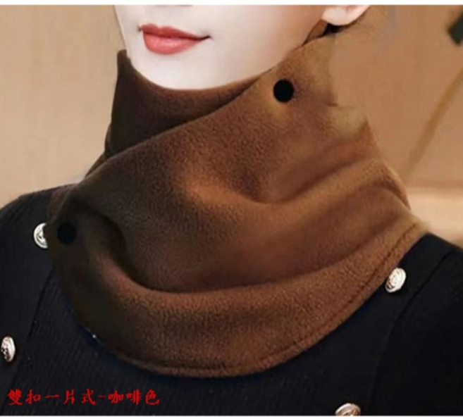 一片式雙扣搖粒絨圍脖 咖啡色 保暖護頸護肩防風 多功能寬版圍巾