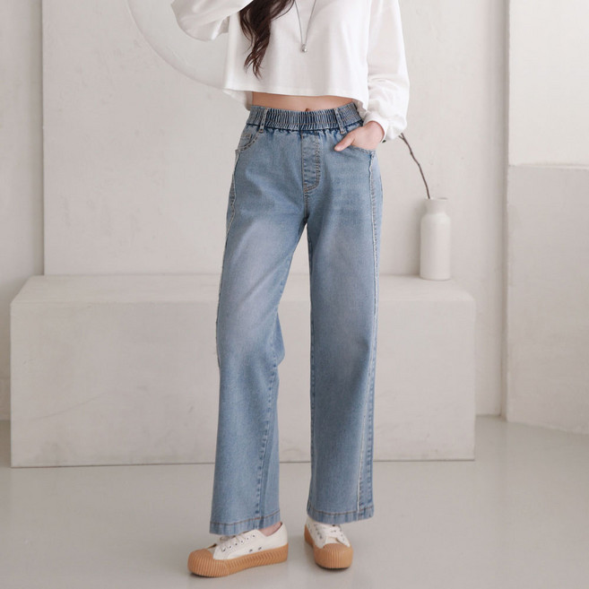 여성 와이드 데님 청바지 스판 하이웨스트 봄 통바지