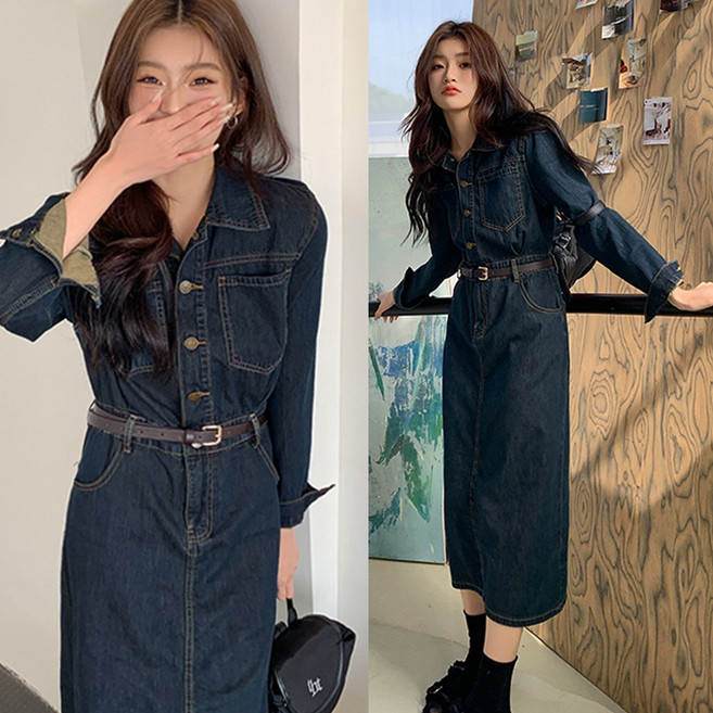 [벨트 포함] 긴팔 데님 롱 카라 원피스 청 치마 봄