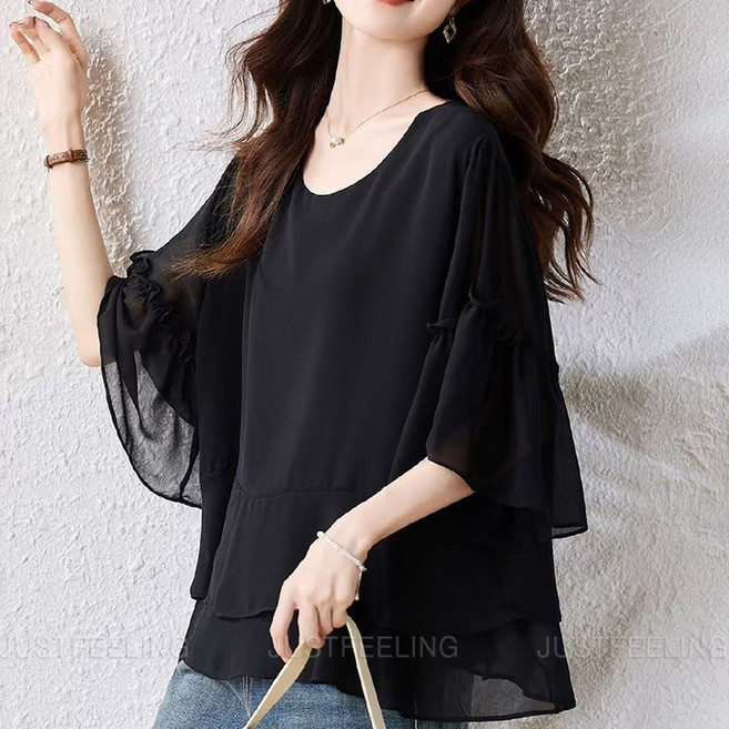 빅사이즈 반팔 셔츠 블라우스 여름 얇은 반팔블라우스 고급 쉬폰블라우스 JUSTFEELING