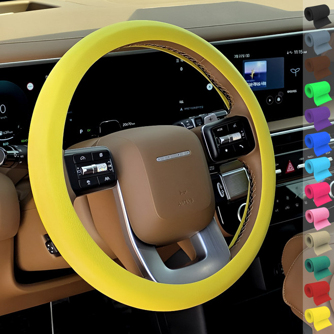 토이팝21 논슬립 차량용 핸들커버 실리콘 얇은 원형 D컷 15컬러, 옐로우