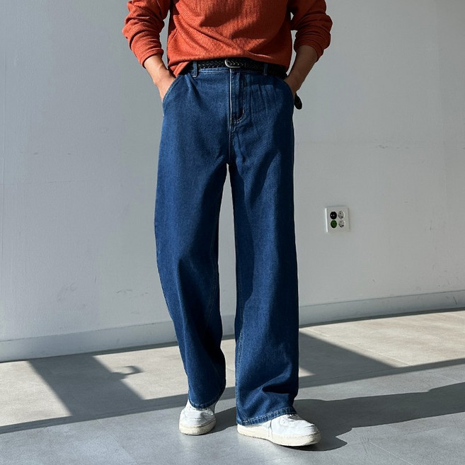남자 남성 데일리 사계절 베이직 오비 뒷밴딩 세미와이드 데님 팬츠 청바지