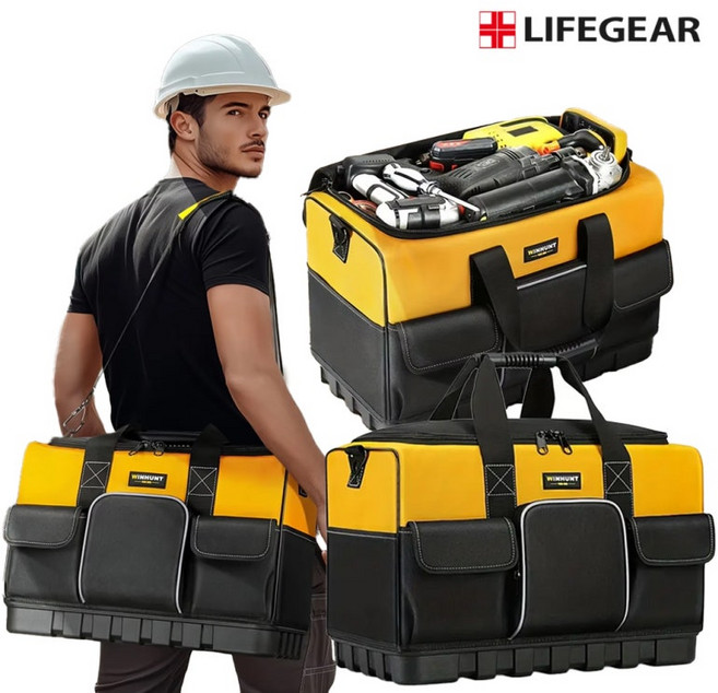 LIFEGEAR 대용량 공구가방 WINHUNT 내구성 강화 현장 작업용 대형 수납공구함 16포켓 휴대용 정리함 플라스틱 바닥 방수, 1개