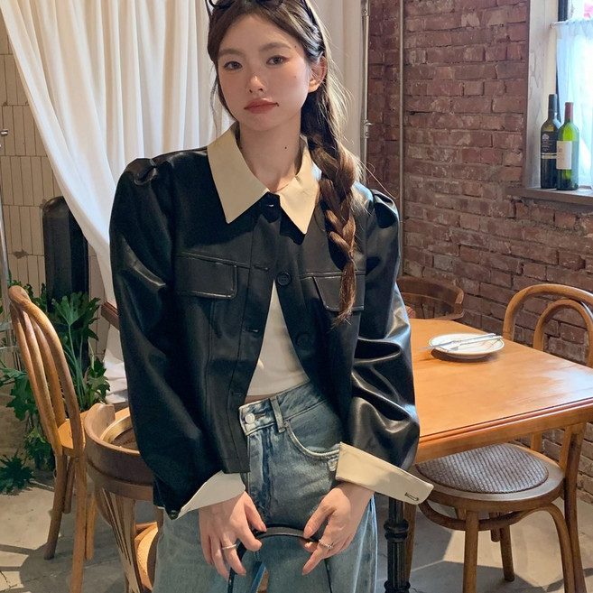 힙샵 봄신상 화이트 카라 레더 자켓 슬림핏 숏 봄점퍼 인조가죽 PU가죽 라이더자켓 크롭 가죽자켓