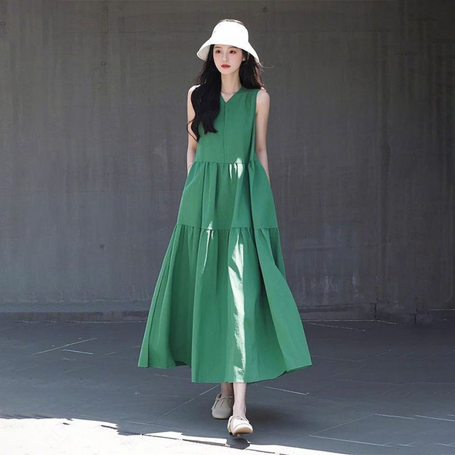 꽃소담 여자 브이넥 A라인 플레어 캉캉 민소매 롱원피스 휴양지 비치웨어 원피스 MQ244