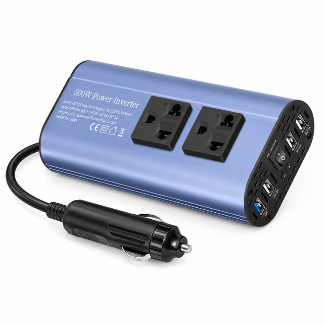 【Felsted 菲仕德】】500w車用逆變器 12v轉110v 點菸器充電器 插座轉換器 修正弦波 電源轉換器 變流器, 藍色, 1個