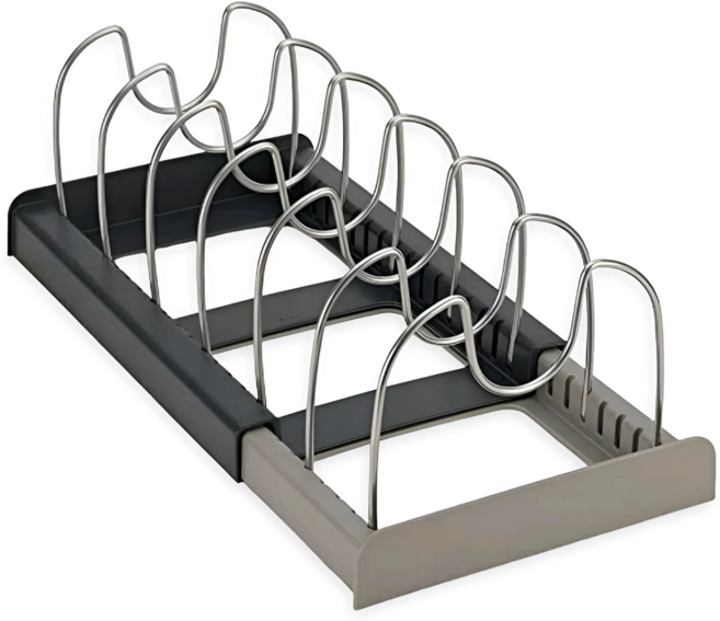 팬앤팟 1+1 길이조절 슬라이딩 후라이팬 정리대 냄비 접시 그릇 수납 확장형 스테인레스 선반, 블랙&그레이, 2개입, 1개