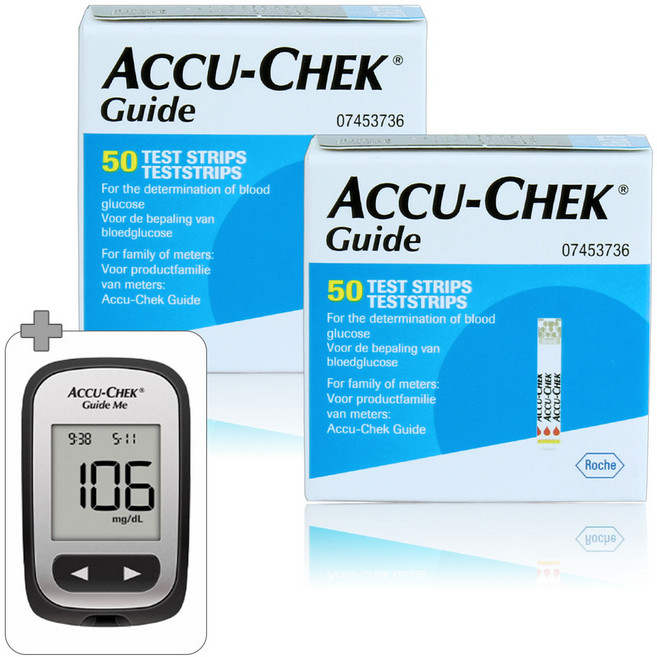 아큐첵 가이드 혈당시험지 2박스 100매 + 가이드 미 혈당계, 1개, 100개입