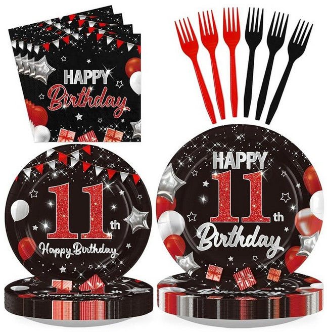 Greencian 96Pcs Boss 2nd Birthday Party Decoration Baby Boy Second Plates and Napkins Disposable B, 블랙 레드 11번째 생일 접시