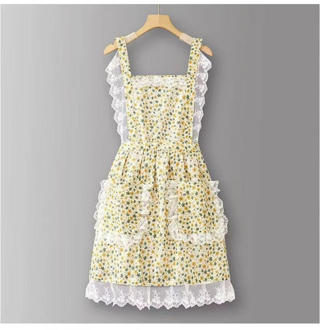 쁘띠꼬모 블레오 예쁜 꽃무늬 네일샵 프릴 자수 앞치마 레이스 원피스, 옐로우, 1개