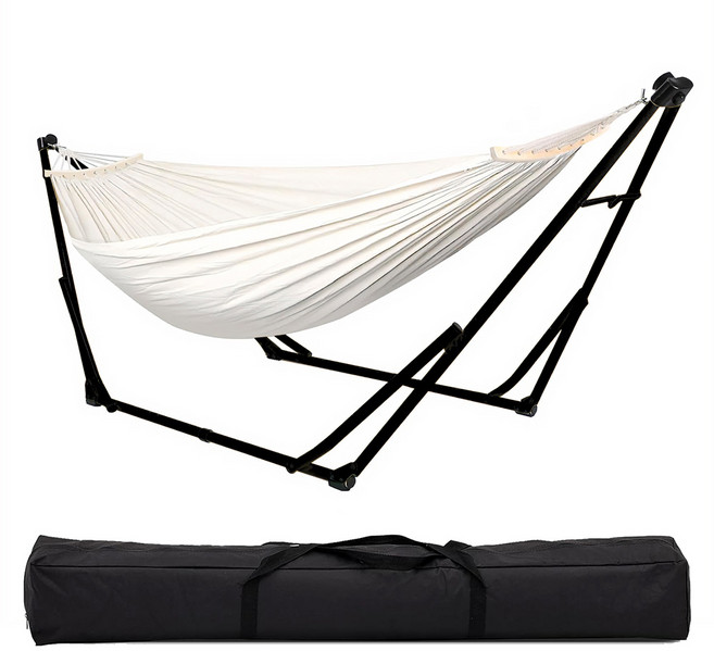 FOWOD 스탠드 접이식 해먹 캠핑 해먹 실내 해먹, 블랙 스탠드+아이보리 해먹
