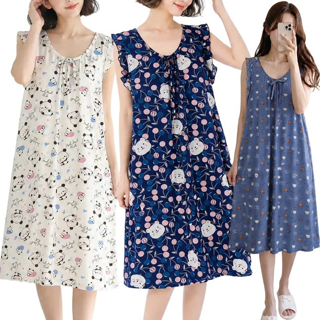 여성 민소매 원피스 잠옷 캐릭터 패턴 여름 홈웨어 A라인 나시 실내복 파자마