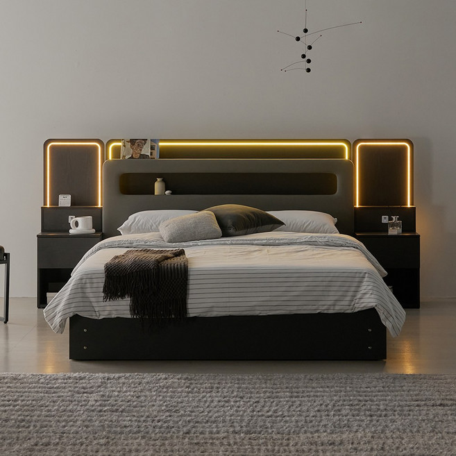 국내제작 친환경등급 EO 인홈 아로하 LED 3구 볼레일 서랍 침대 프레임+유로탑 독립 매트리스 포함, 그레이