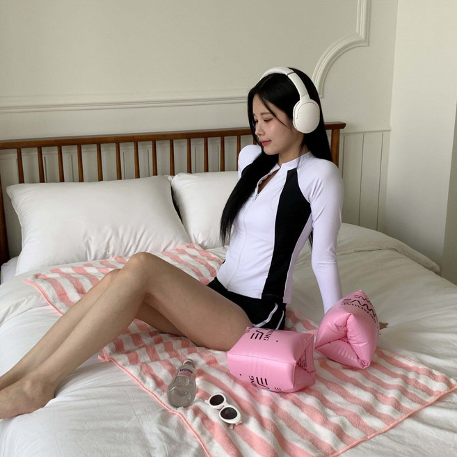 [상하의SET] 서퍼 배색 집업 나그랑 반크롭 슬림핏 래쉬가드 수영복, 화이트