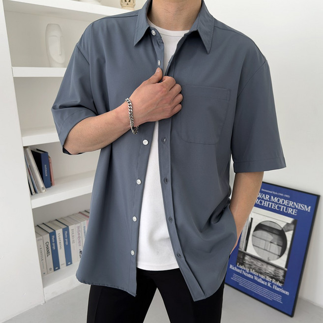 마르티 남성용 구김 없는 오버핏 링클프리 빅사이즈 반팔 남방 셔츠