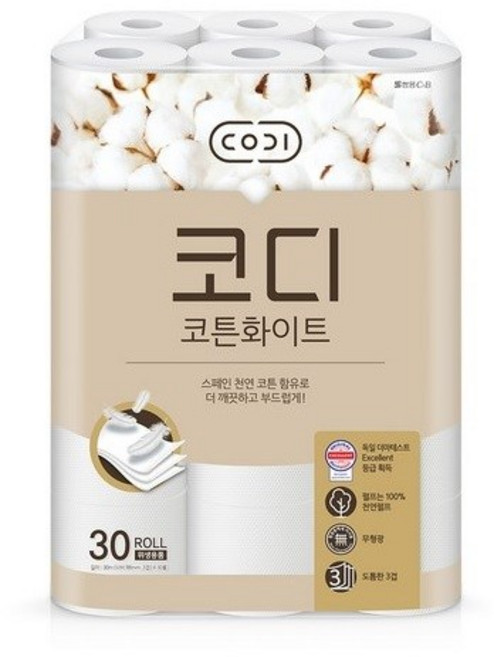 코디 3겹 천연펄프 코튼화이트 롤화장지, 30m, 30롤, 1세트