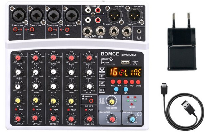 dj 믹서 음향기기 48V 팬텀 파워 모니터 오디오 믹서 6 채널 사운드 믹싱 콘솔 16 DSP 블루투스 호환 USB, White EU plug