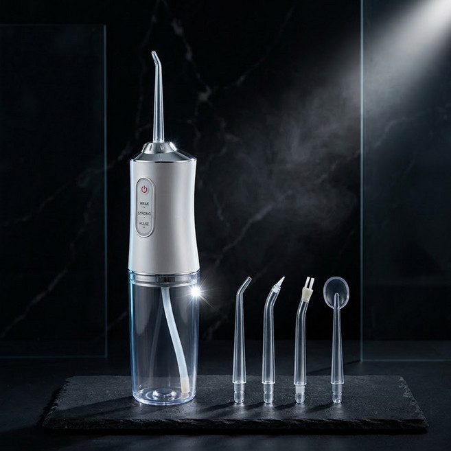 [독일브랜드] 구강세정기 휴대용 가정용 물치실 맥동수압 치아세정기 교정 잇몸 케어 입냄새 편도결석 제거기 방수 분리형 물통 USB 충전 여행용 사무실 치간 칫솔 선물, 화이트, 휴대용 구강세정기 200ml