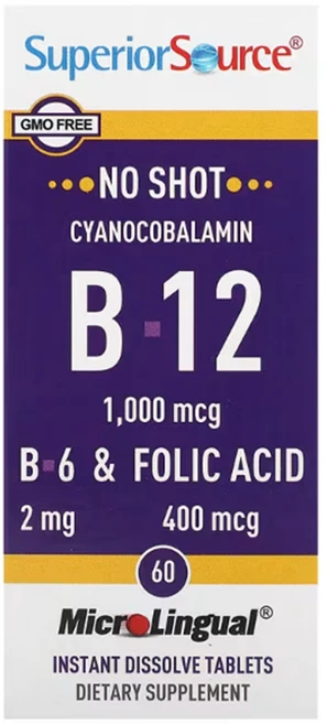 슈페리어소스 비타민 시아노코발라민 B-12 1000mcg B-6 & 엽산 400mcg 타블렛, 1개, 60정 - 쿠팡