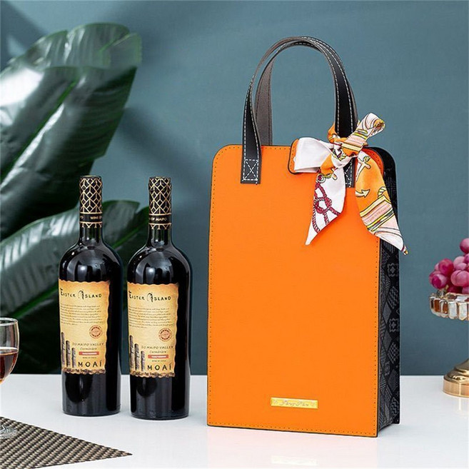 고급 가죽 와인캐리어 여행용 캠핑 선물 휴대용 와인 더블 케이스 와인악세사리, 오렌지색, 1개
