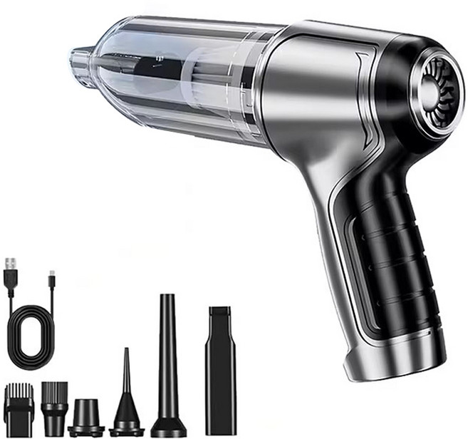 HELLOLEIBOO 차량용 무선 미니 송풍 흡입 겸용 청소기 + 교체용 노즐 6종 + 충전 케이블, 실버, HL-107