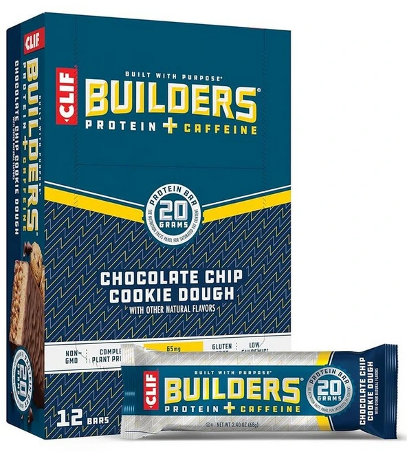 CLIF Builders + 카페인 - 초콜릿 칩 쿠키 반죽 맛 - 단백질 바 - 글루텐 프리 - GMO 프리 - 저혈당 - 단백질 20g - 68g(2.4온스) (12개), 68g, 1 - 쿠팡