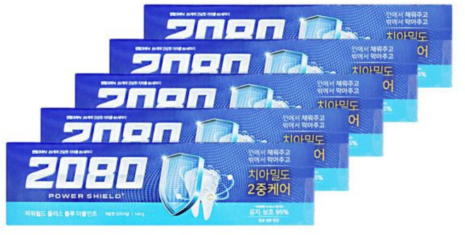애경 2080 파워쉴드 플러스 블루 더블민트 치약 개운한 오리지날 140g 5개 양치