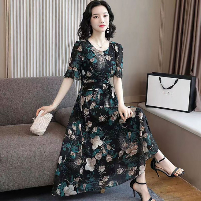 지고다그 빅사이즈 플러스사이즈 여성 여름 플라워 롱원피스 하이웨스트 슬림핏 반팔 원피스 S~9XL SX69662