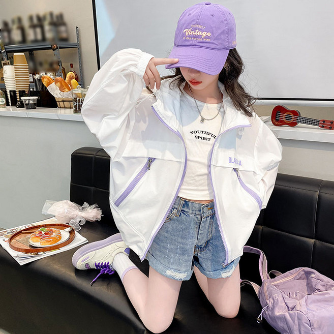 여아용 자외선차단 경량자켓 후드집업 초등학생 주니어 바람막이 자켓 코트