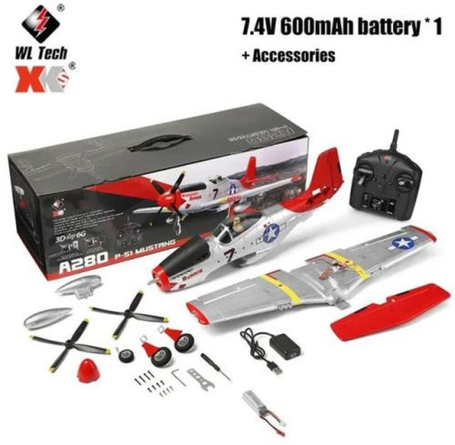 WLtoys XK A280 RC 비행기 P51 전투기 시뮬레이터 2.4G 3D6G 모드 항공기 LED 탐조등 어린이 성인용 비행기 장난감 신제품, 1) 1Battery, 1개