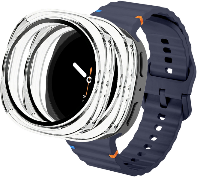데일리피 갤럭시워치 호환 실리콘 컬러풀한 스티치 스트랩 8/7/6/6클래식/5/5프로/4/4클래식+PC 케이스 2개, 블루 그레이/투명