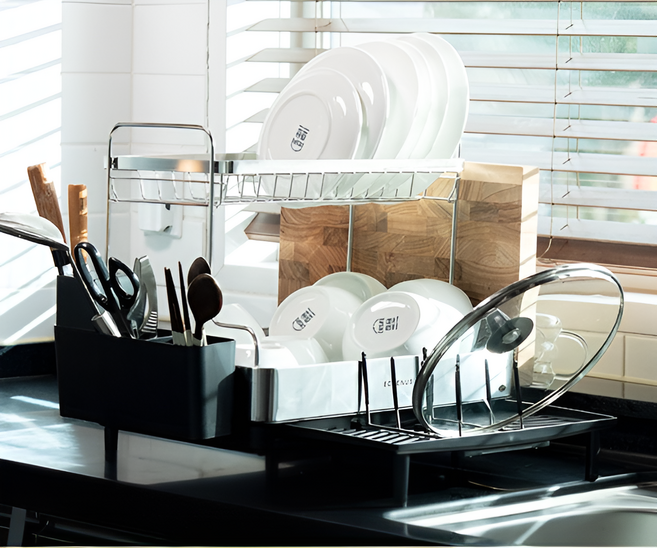 에체너스 스텐 확장형 무타공 식기건조대, 1개, 블랙, 2단