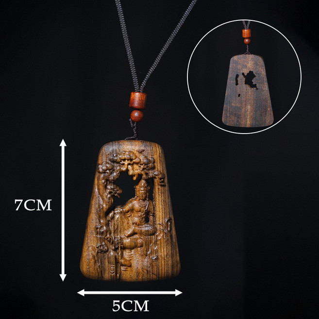 沉香木雕刻山水觀音/度母吊墜，7x5cm，男女款文玩掛飾