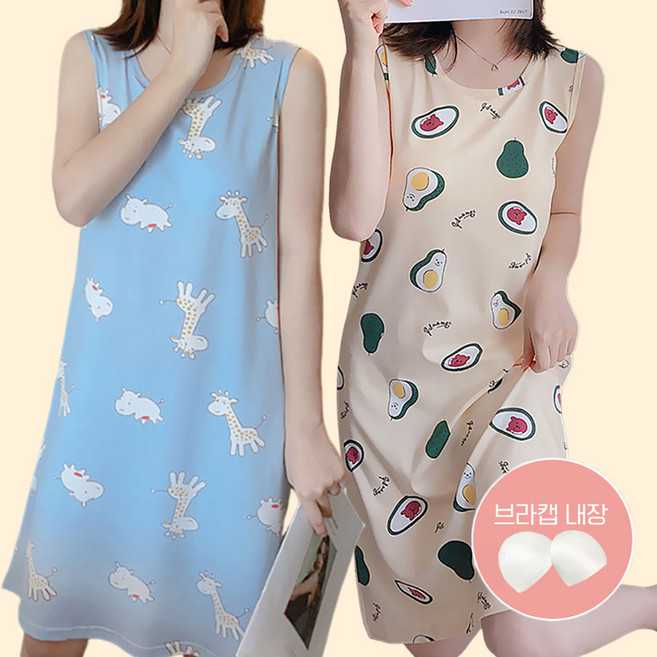 [1+1] 냉감 시원한 빅사이즈 민소매 나시 여름 여자 편한 쿨 잠옷 파자마 홈웨어 보정 캡내장 원피스 냉감민소매원피스잠옷6종