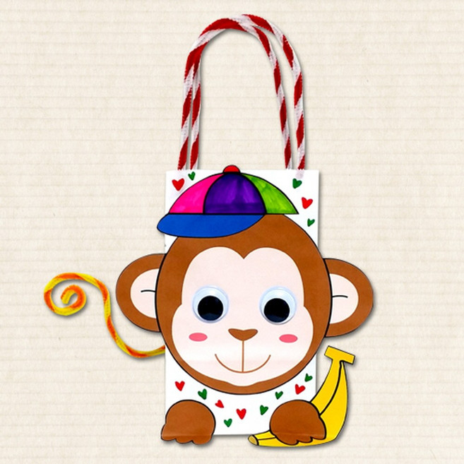 md 만들기대장 원숭이 종이 가방 만들기 약 180x300mm 도안 오려 붙이고 색칠하기 투톤모루 인형눈 꾸미기