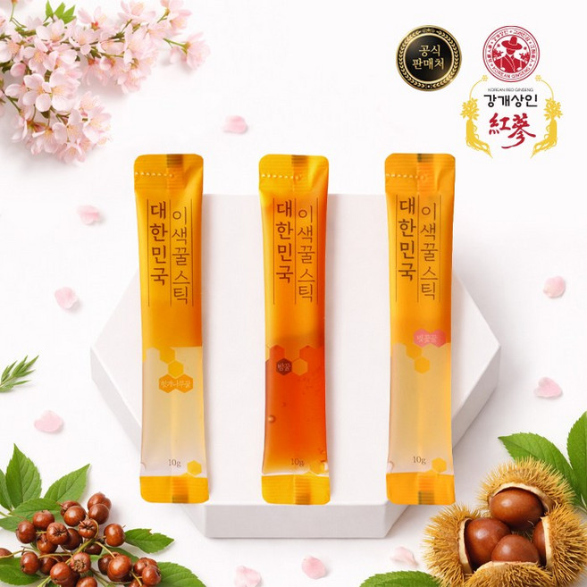 강개상인 꿀스틱(10g x 30포) 헛개나무꿀 밤꿀 벚꽃꿀 천연 벌꿀 세 가지 맛, 10g