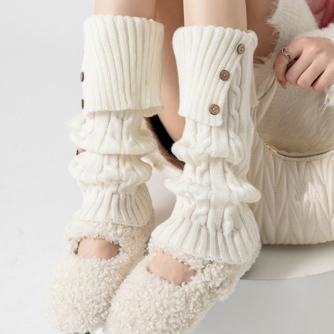 여성 레트로 꽈배기 니트 단추 롤업 루즈 양말 레그워머