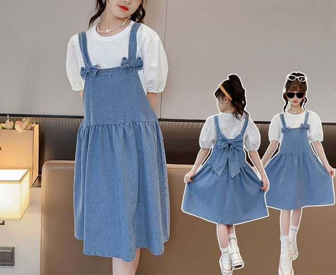 Toruva어린이 여름 멜빵 원피스와 반팔 티셔츠 청량한 귀여운 세트14세 이상