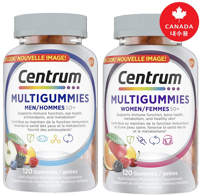Centrum 센트룸 구미 멀티비타민 실버맨50+ 실버우먼50+ 120정 2개입 l 맛있는 구미형 멀티종합비타민 l 캐나다 내수용 직배송, 2개