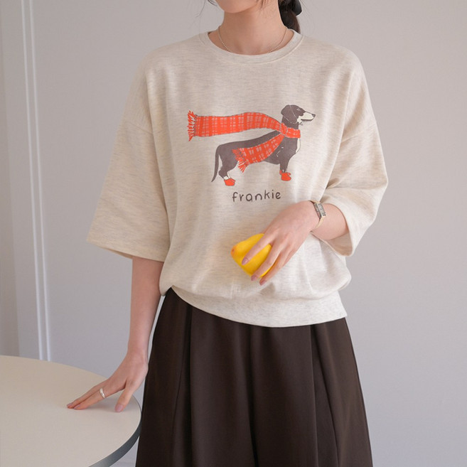 데일리앤 보스티 여성 프린팅 5부 7부 반팔 루즈핏 맨투맨 티셔츠 봄 여름 가을