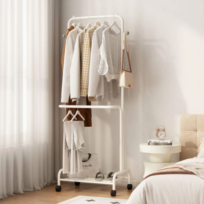 FODOSS 이동식 스탠드 행거 튼튼한 철재 옷걸이 행거 미니 원룸 침실 수납, 크림 화이트
