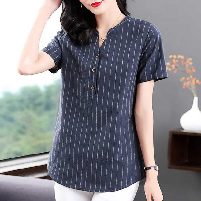 지고다그 여성용 스트라이프 셔츠 V넥 면 여름 빅사이즈 블라우스 ZXC40750