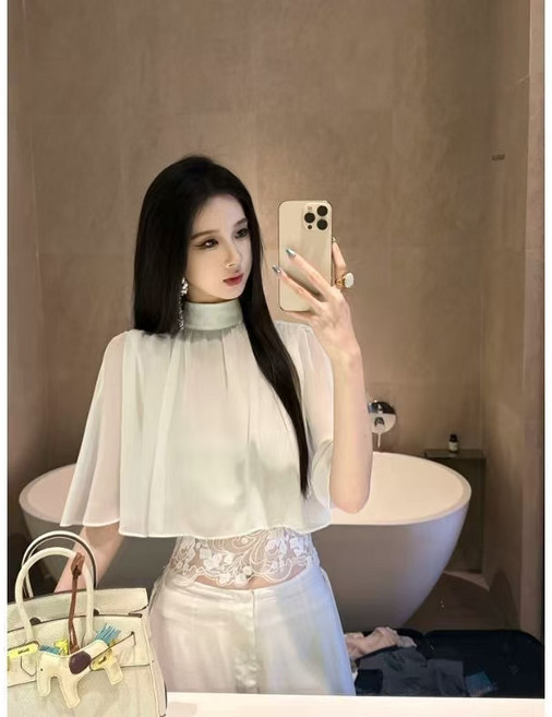 女士襯衫+長褲套裝 獨特披肩假兩件設計
