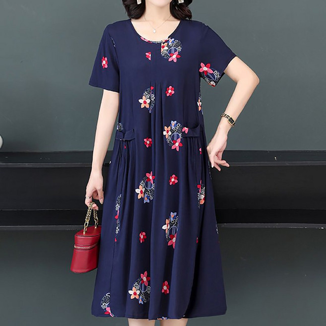 MOSAIRATION 여성 여름 미디 원피스 루즈핏 플라워 데일리 중년 통기성 빅사이즈 원피스 B0050717