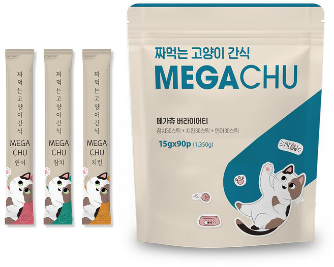 메가츄 짜먹는 고양이간식 90스틱 대용량, 연어+치킨+참치, 15g, 90개