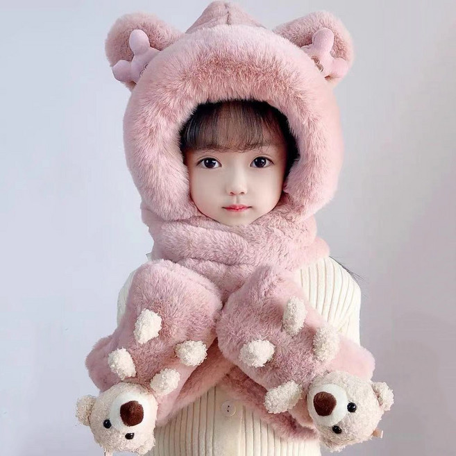 엔젤가드 귀달이모자 키즈 스윗 곰돌이 후드머플러 목도리 어린이넥워머 아동장갑